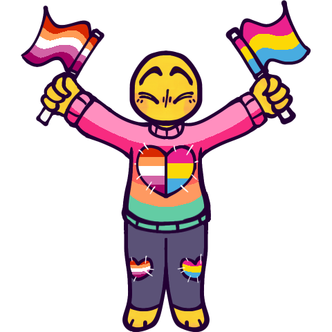 a drawing of a cartoony generic yellow human happily standing with their arms outstretched and holding up two small handheld flags, one in each hand. The lines are a very dark purple, except for the white stitches on the clothes. The person is wearing a 7 stripe pink, blue and purple pan lesbian flag sweater with a heart stitched onto the front, and purple leggings with heart-shaped patches on the knees. Their feet appear to be like paws, their head is very round - almost a circle - and bald, and they only have four fingers. Their eyes are squinted shut, and their eyebrows are raised high in an excited expression. They have no visible mouth and a nose is only loosely implied. the left flag and hearts are the lesbian flag, while the right are the pansexual flag.